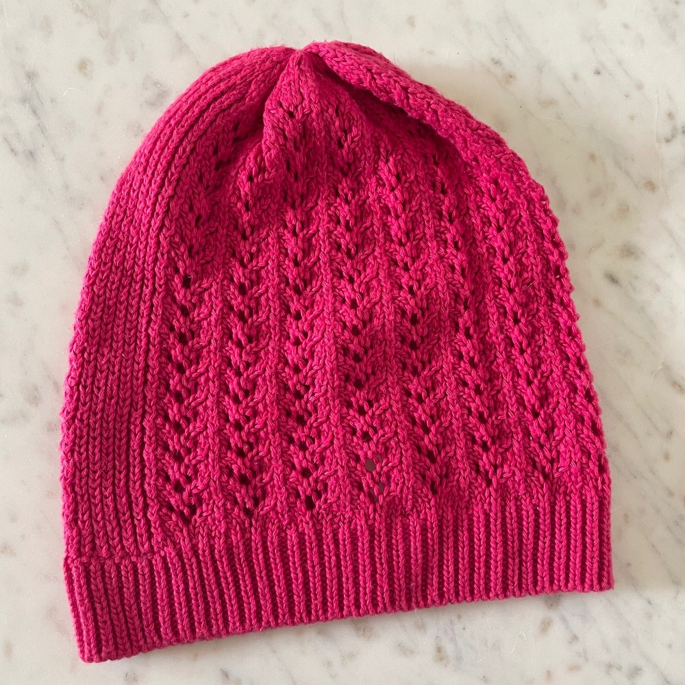 Hot bright pink pointelle ribbed knit beanie hat